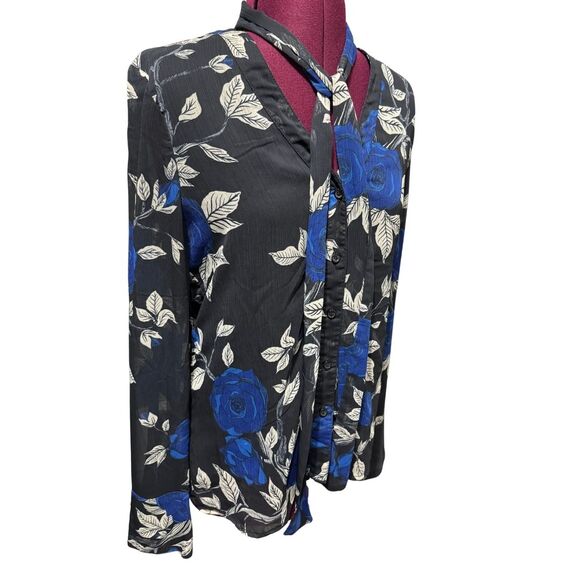 JASON WU COLLECTIVE Blue Floral Tie Neck Blouse Longsleeve Button Down Top EUC 8 - Picture 3 of 8
